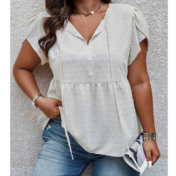 Plus Swiss Dot Button Neck Tie Puff Sleeve Blouse - Picture 5 of 6